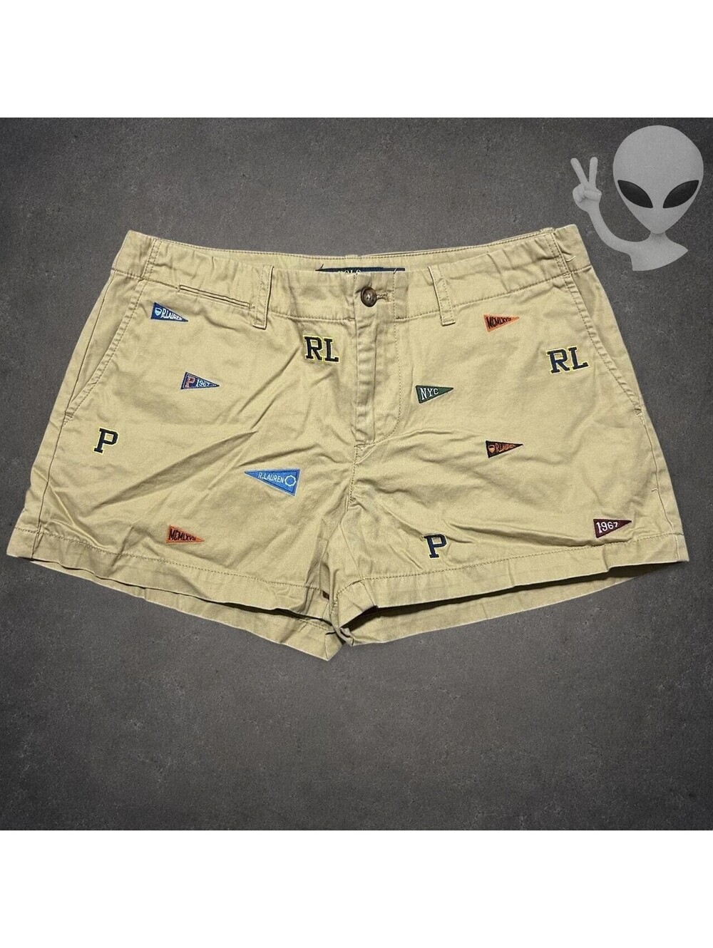 Polo Ralph Lauren Embroidered Varsity Pennant Chino Shorts Womens Size 2 Tan